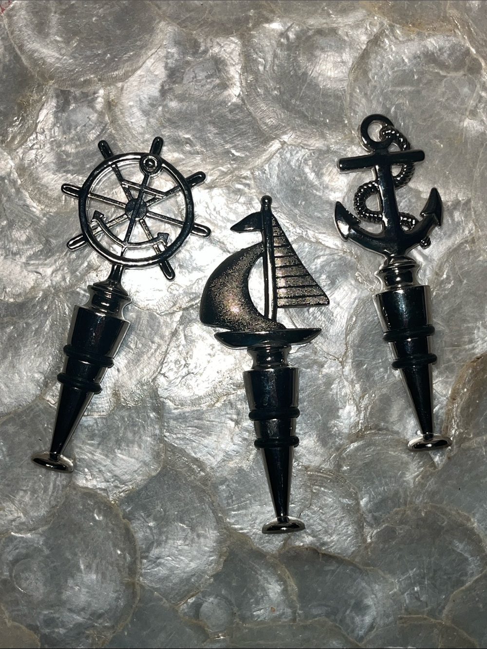 Nautical Chrome Bottle Stopper Set - Anchor, Wheel, Sailboat